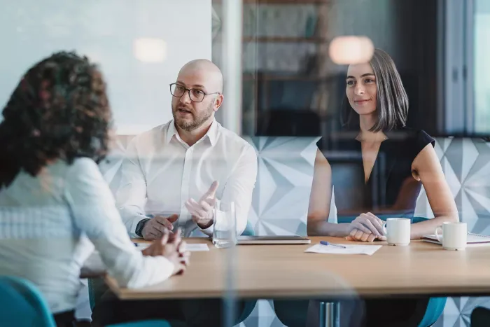 Halcyon Business Consulting group talking behind a glass wall